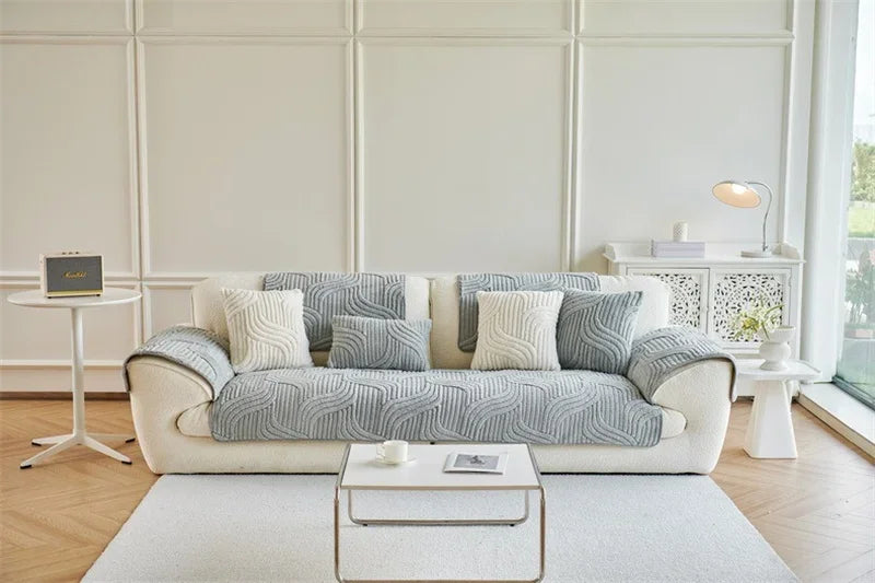 1PC Wave Striped Sofa Cover Solid Color Thicken Plush Sofa Towel Covers Non-slip Couch Slipcovers Sofa Mat for Living Room