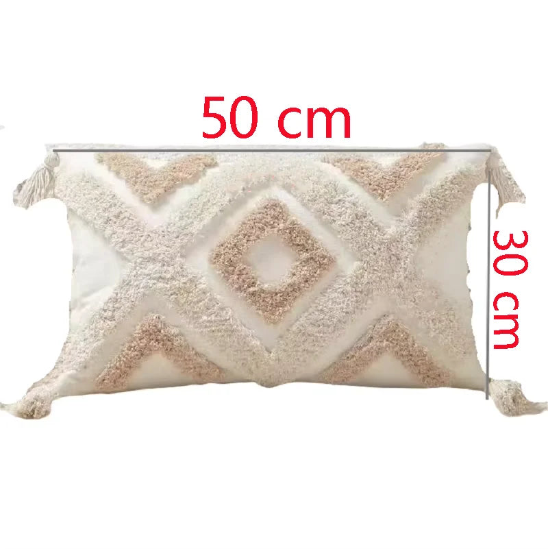 Decorative pillow with measurements on a white background Nordic Bohemian geometric plush pillow cover with embroidered design and tassels, perfect for boho home decor on sofa, bed, or accent chair β cozy neutral cushion cover for living room or bedroom style