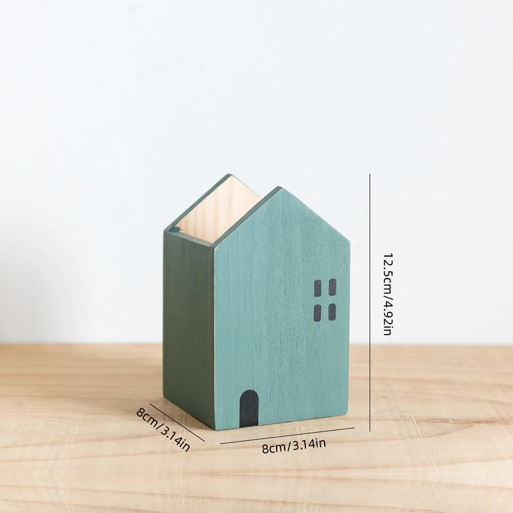 🏡 Boho Wooden Cartoon House Pen Holder – Handcrafted Desk Organizer for Office, Makeup & Home Decor