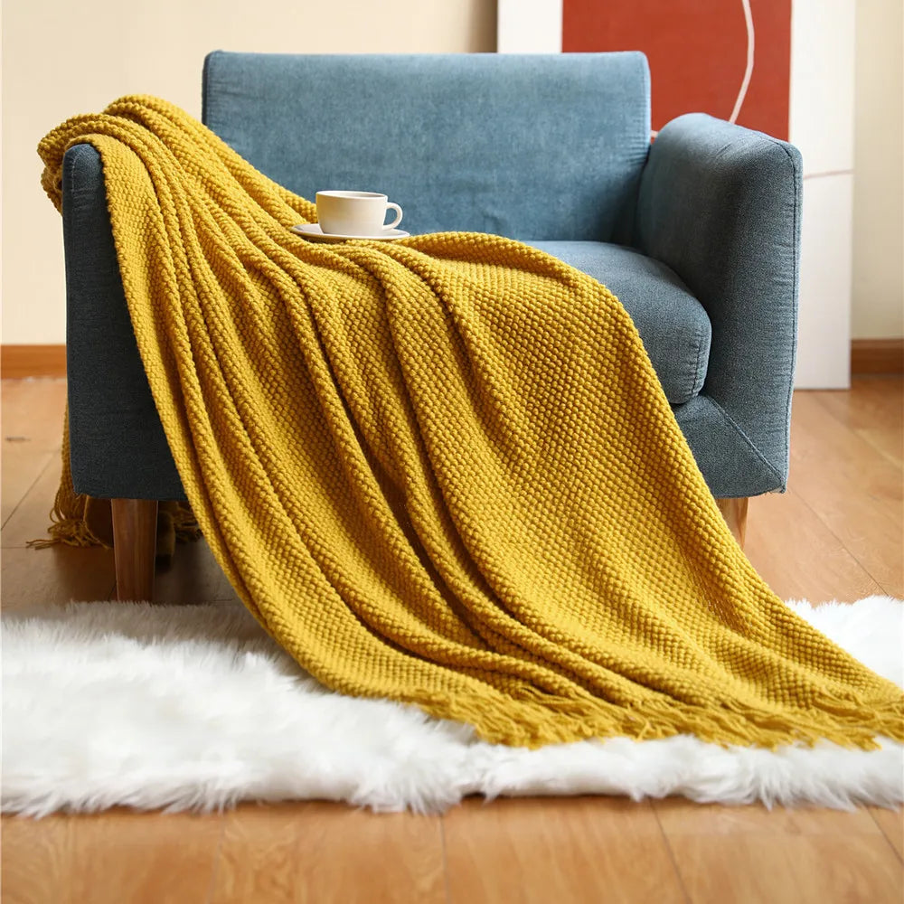 Cozy Knitted Waffle Throw Blanket – Soft Boho Home Decor with Tassels