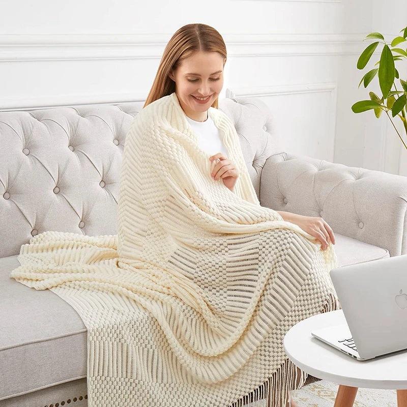 Soft Knit Boho Throw Blanket – Lightweight Acrylic Travel & Home Decor Accent with Fringe