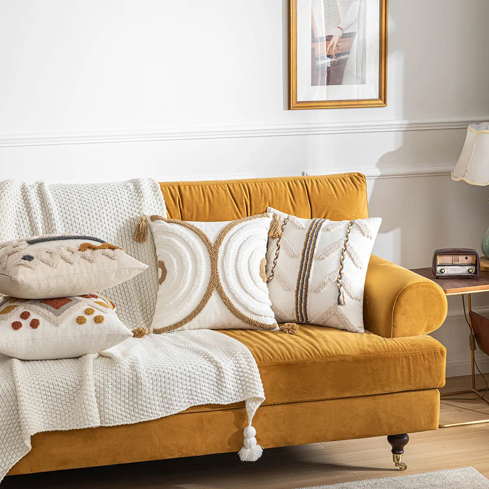 Boho Tufted Geometric Pillow Cover – Cotton Canvas Cushion Cover for Sofa, Bed & Home Decor