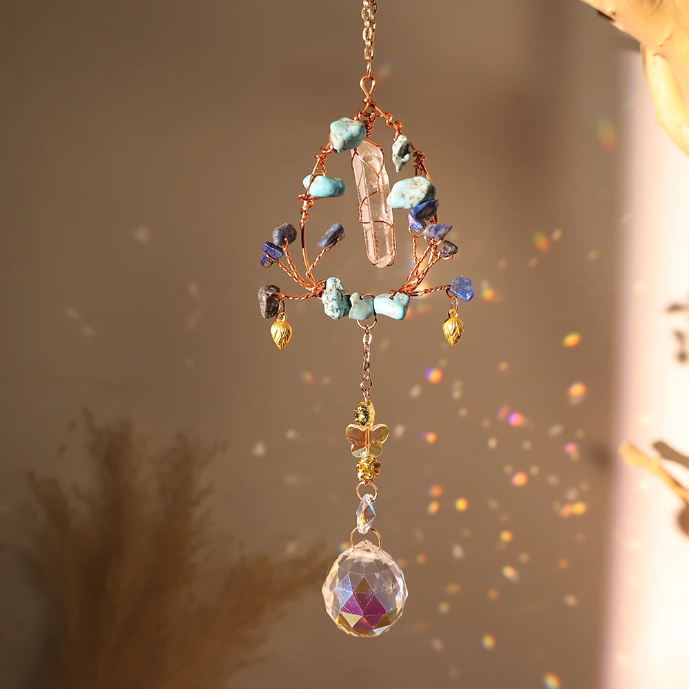 Decorative hanging crystal with beads and a large crystal pendant on a neutral background boho home decor, crystal wind chime, sun catcher for windows, moon prism chime, agate stone hanging, garden art decor, patio hanging decoration, boho housewarming gift, spiritual gift, crystal suncatcher, balcony decor, meditation decor, handmade crystal chime egg