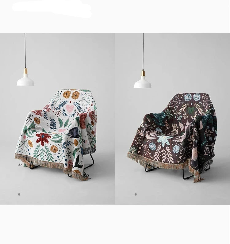 Two patterned blankets draped over chairs on a plain background with 'Double sided available' text. Deer forest jacquard woven blanket with floral and woodland tapestry design – boho throw for sofa or bed, soft cotton blend decorative bedspread for cozy home décor.
