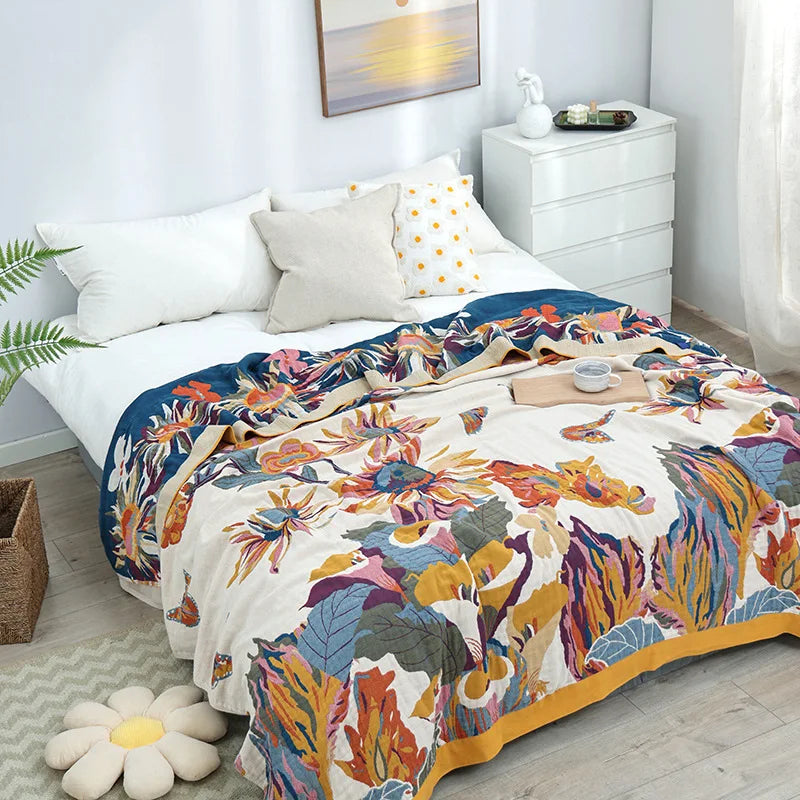 100% Cotton Muslin Throw – Soft, Lightweight & Boho-Chic Blanket - Orange & Purple Shapes