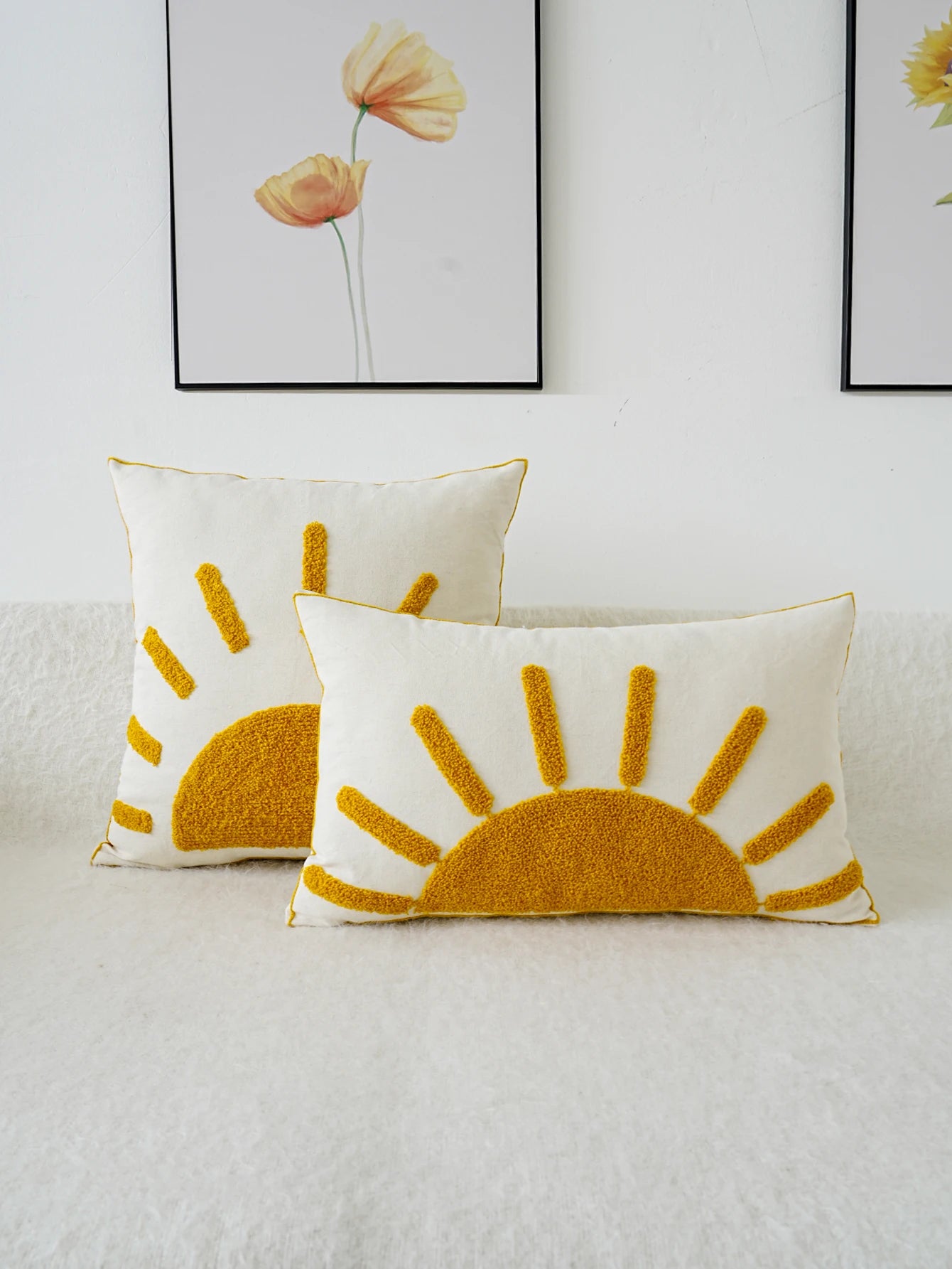 Boho Home Decor Yellow Sun Tufted Embroidered Pillowcase – Decorative Throw Pillow Cover For Living Room
