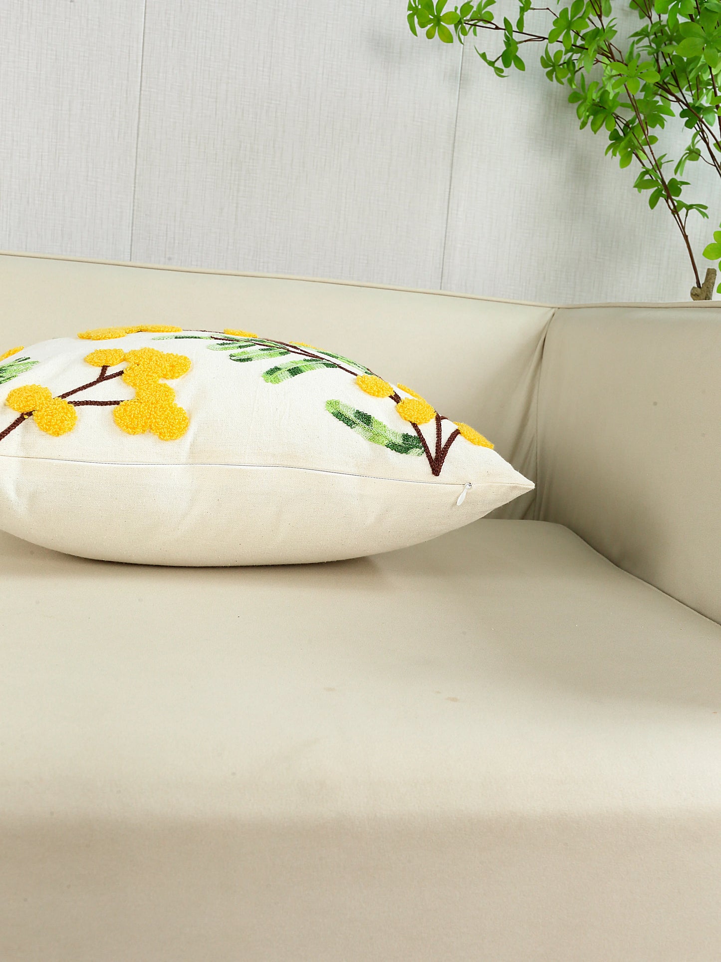 Embroidered Floral Throw Pillow Cover – Yellow Flowers Boho Home Decor for Couch, Bed & Chair
