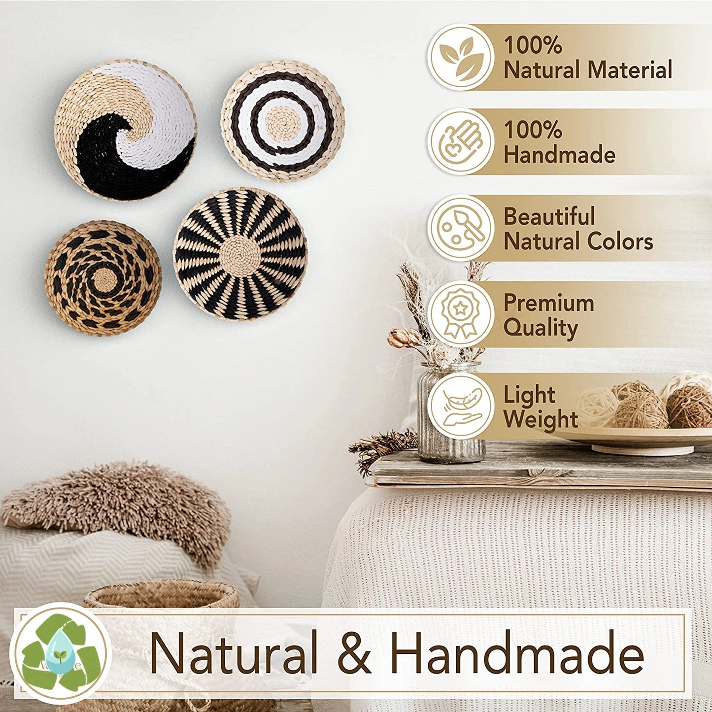 Straw Woven Wall Decoration Boho Rattan Wall Basket Decor Round Grass Weaving Ornament Rustic Seagrass Flat Hoom Hanging Crafts Fruit Bowl Wall Art for Boho Home Decor