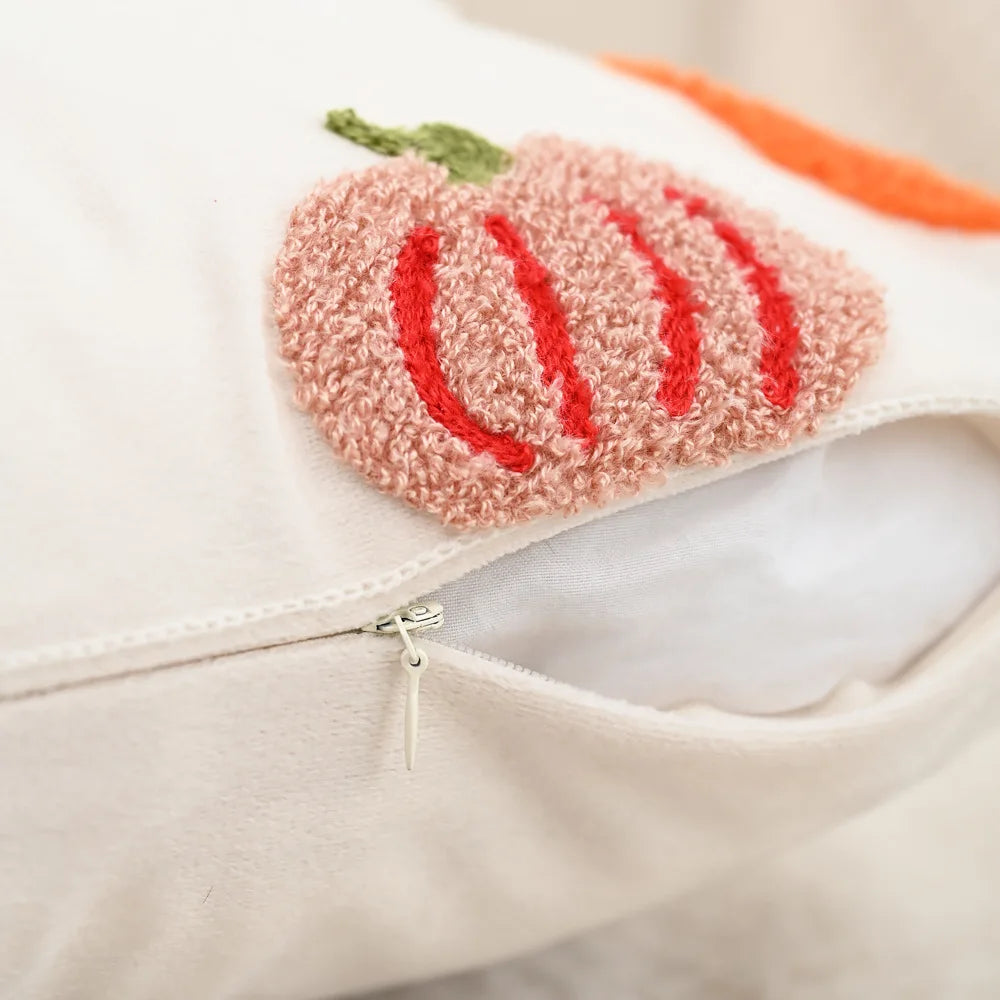 Close-up of a white shoe with a pink fuzzy strawberry design on the side.