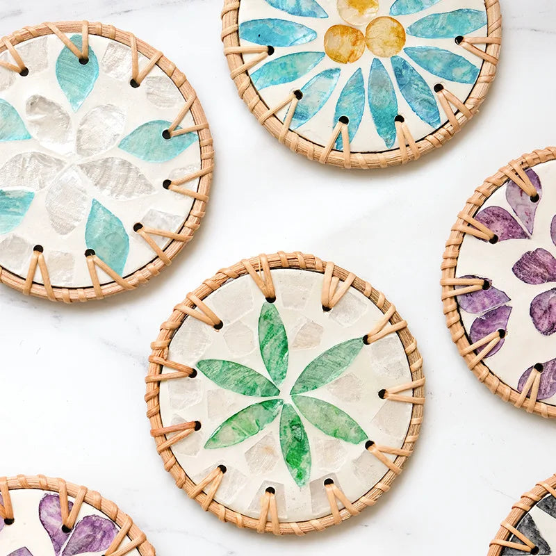 🌿 Boho Rattan Shell Coaster – Handwoven Prairie Chic Drink Mat