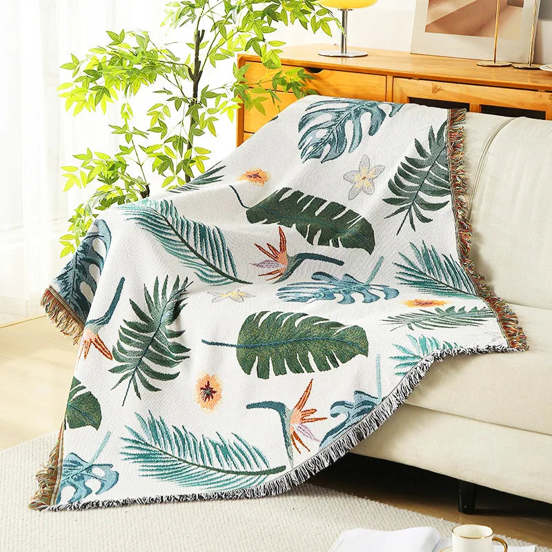 Boho Tassel Throw Blanket Leaves
