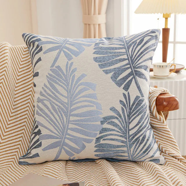 Blue Bay Leaf Cushion Cover – Square Decorative Throw Pillow Case for Boho Home Decor