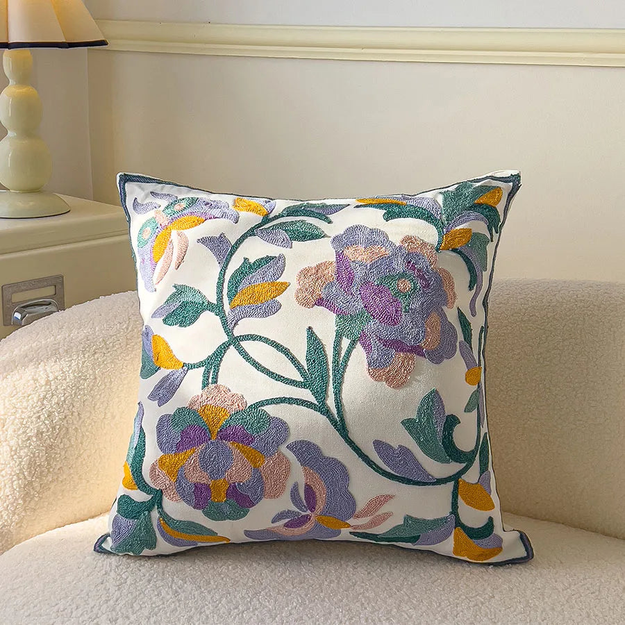Decorative pillow with floral pattern on a couch