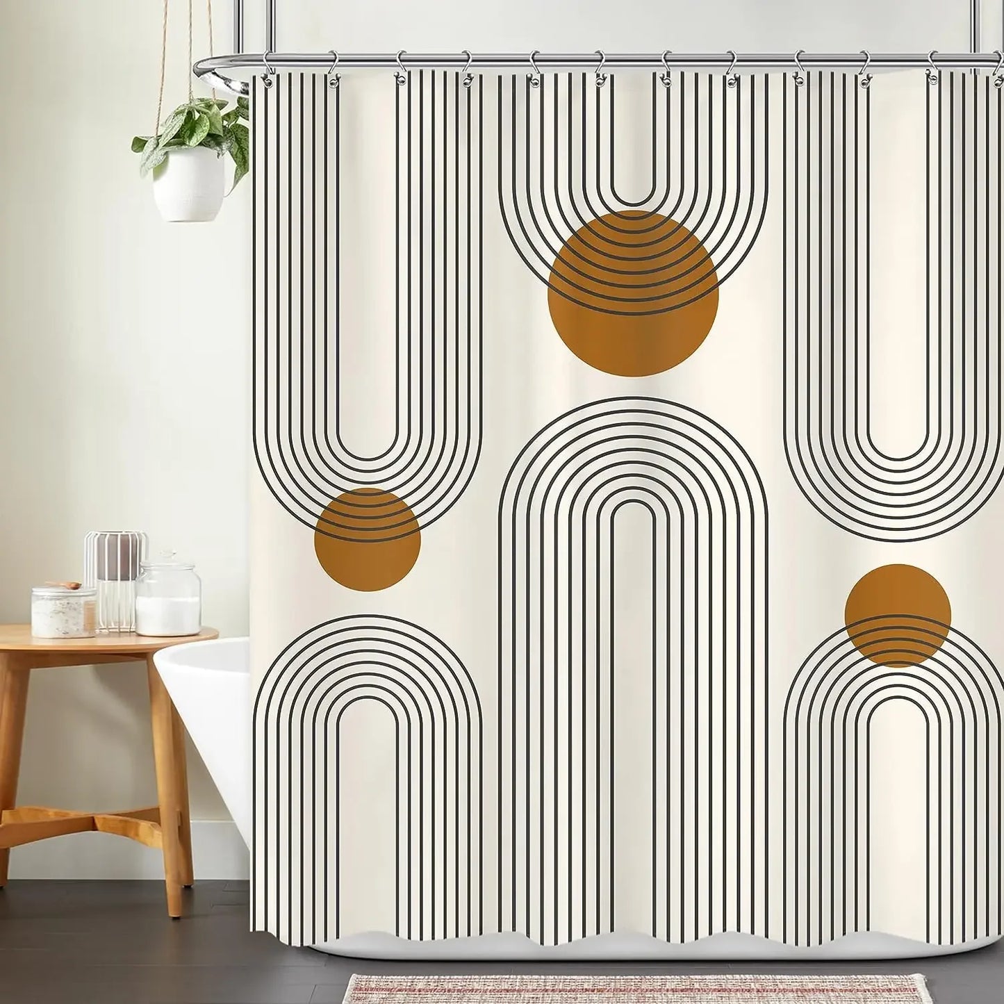 Abstract Bohemian Shower Curtain Arch Sun Moon Phases Boho Leaf Modern Minimalist aesthetic line geometric decorative Bathroom Home Decor Cat Leaves Mountains Outdoors