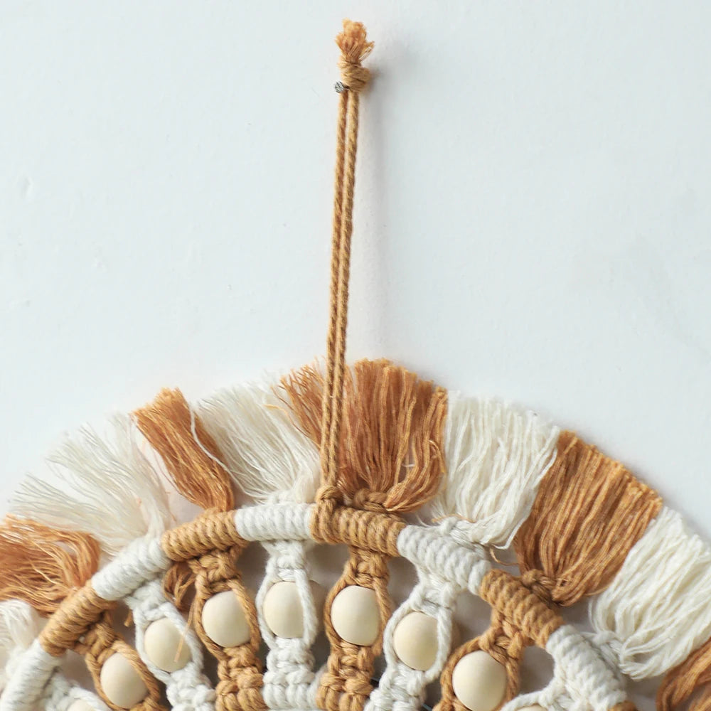 Boho Leaf Macrame Wall Mirror – Round Decorative Mirror with Fringe for Boho Home Decor