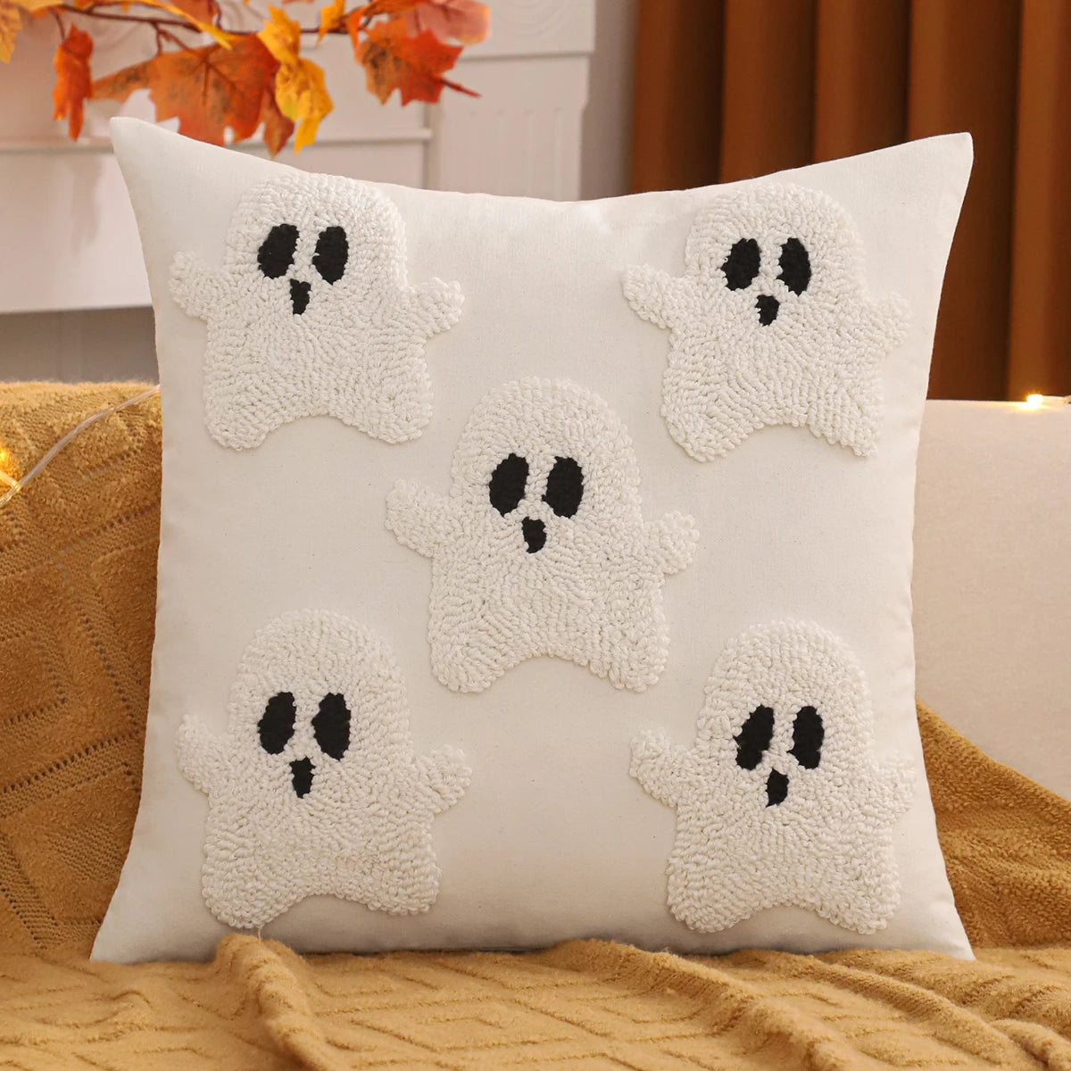 Tufted Halloween pillow cover with pumpkin and ghost embroidery, 18x18 inch festive fall cushion case for sofa, bed, and seasonal boho farmhouse décor