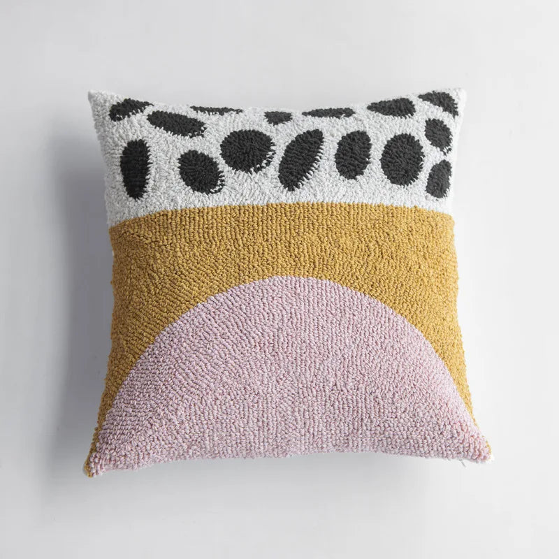 Vibrant Tufted Geometric Nature Embroidered Cushion Cover – Boho Patchwork Throw Pillow