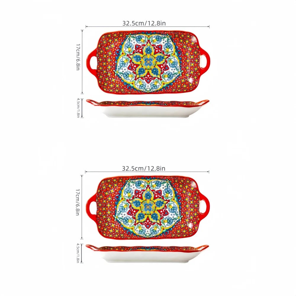 Boho Ceramic Fish Dish with Handle – Rectangular Serving Tray for Oven & Microwave