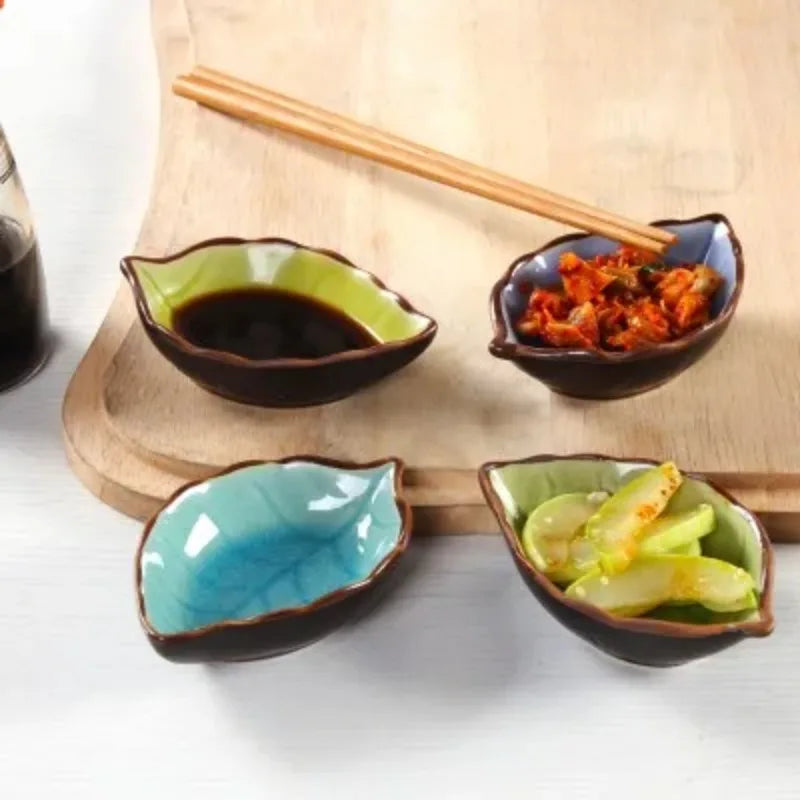 Leaf-Shaped Ceramic Sauce Dish – Side Plate for Soy Sauce, Dips & Charcuterie