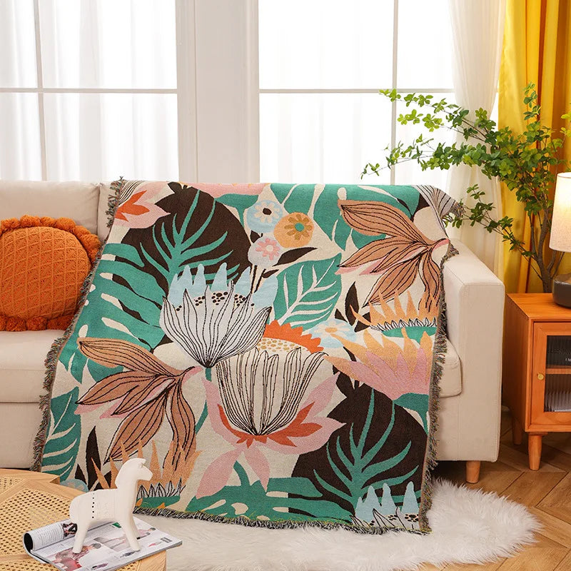 Boho Tassel Throw Blanket Plants