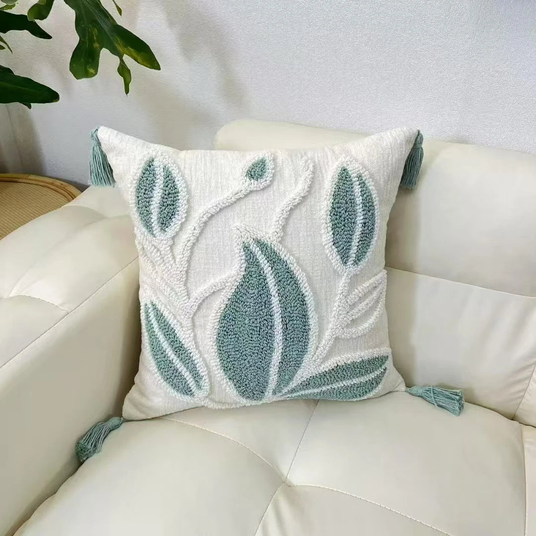 Decorative pillow with leaf pattern on a white sofa boho home decor, housewarming gift, chenille pillow cover, geometric cushion case, Nordic pillowcase, velvet throw pillow, sofa cushion, bedroom pillow cover, modern jacquard cushion, decorative car pillow, textured home decor, looped velvet pillow