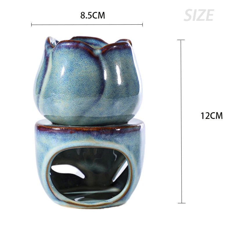 Blue ceramic oil burner with dimensions on a white background. tulip ceramic essential oil incense burner, candle-powered aroma diffuser for home fragrance and calming boho home décor