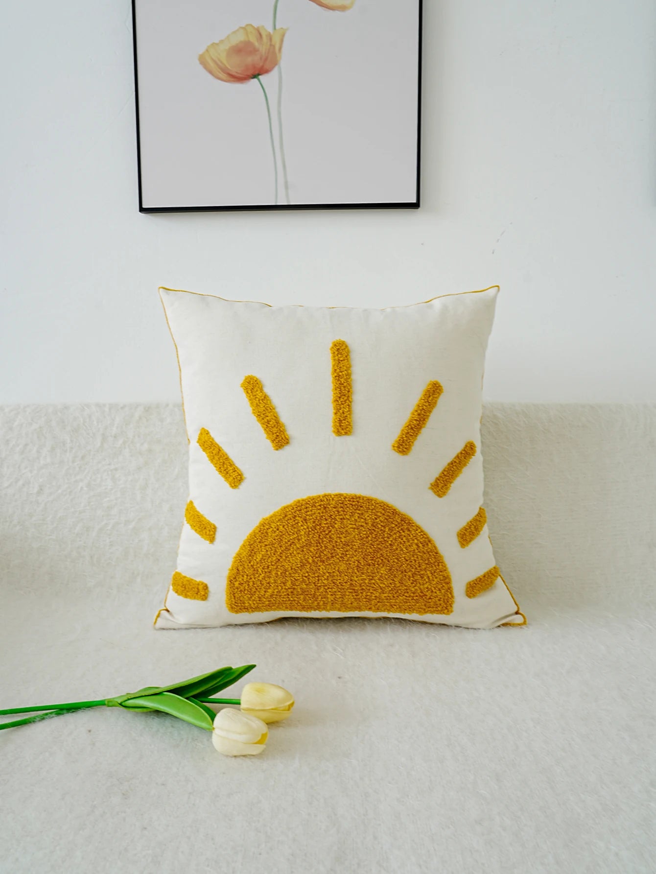 Boho Home Decor Yellow Sun Tufted Embroidered Pillowcase – Decorative Throw Pillow Cover For Living Room
