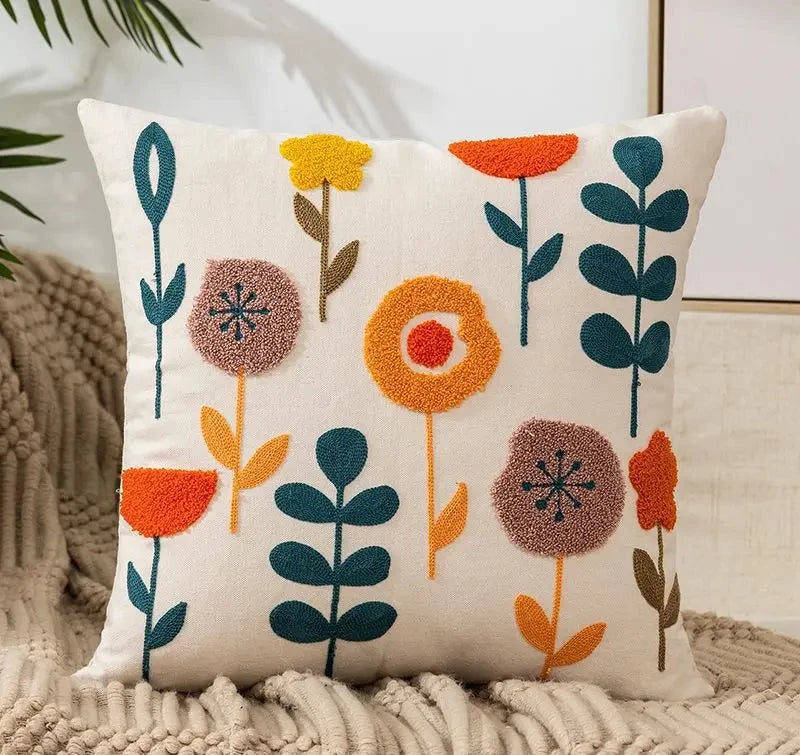 Canvas Floral Embroidered Cushion Cover Cotton Countryside Pillow Case for Living Room Luxury Home Decor Boho Flowers