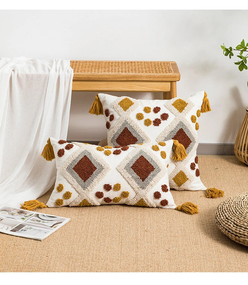 Boho Loop Tufted Cushion Cover – Handmade Cotton Canvas Pillow with Tassels & Embroidery