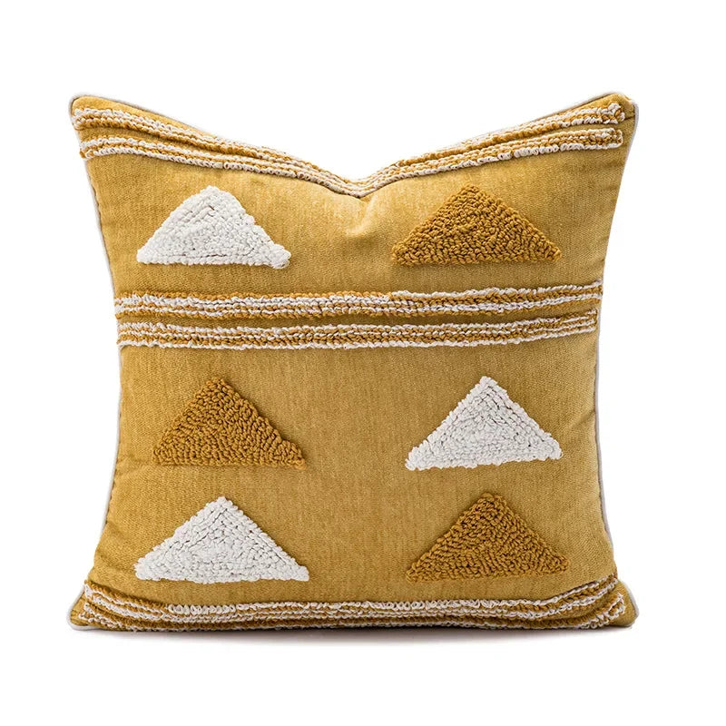 Decorative pillow with geometric patterns on a mustard yellow background Nordic blue tufted cushion cover with geometric stripe and grid crochet pattern, tassel pillow cover for sofa, bed, and boho home decor