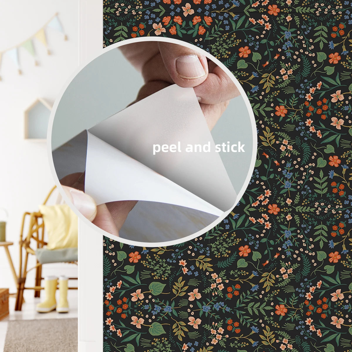 Floral wallpaper with a hand peeling off a sheet, showing 'peel and stick' text. Black floral peel-and-stick wallpaper roll, 40 x 120 cm, waterproof and moisture-proof wall covering for stylish home decoration.