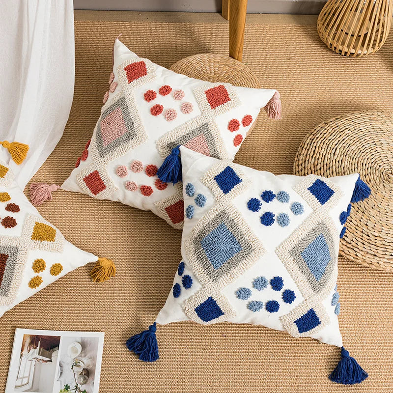 Boho Loop Tufted Cushion Cover – Handmade Cotton Canvas Pillow with Tassels & Embroidery