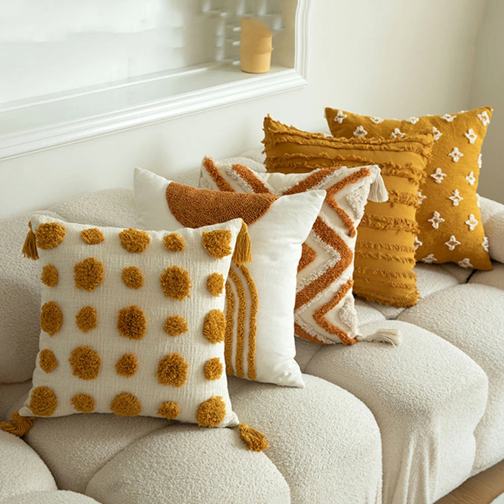 Boho Embroidered Throw Pillowcase – Cushion Cover with Tassels & Geometric Design