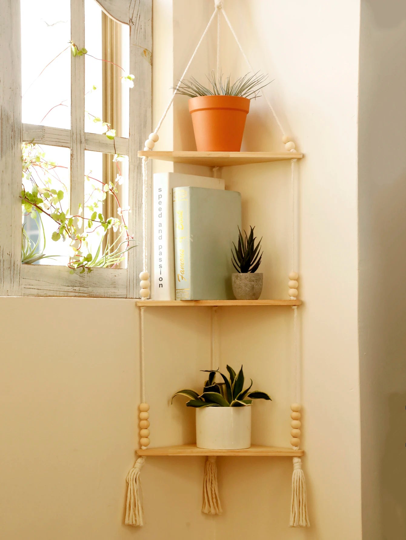 Boho Macrame Hanging Wooden Shelf – Handcrafted Floating Wall Shelf for Home Decor