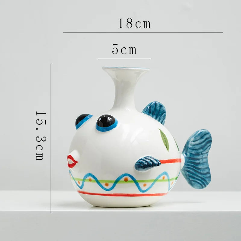 Hand-Painted Ceramic Fish Vase – Modern Boho Home Decor, Wavy Pattern, Colorful Cartoon Fish Flower Pot