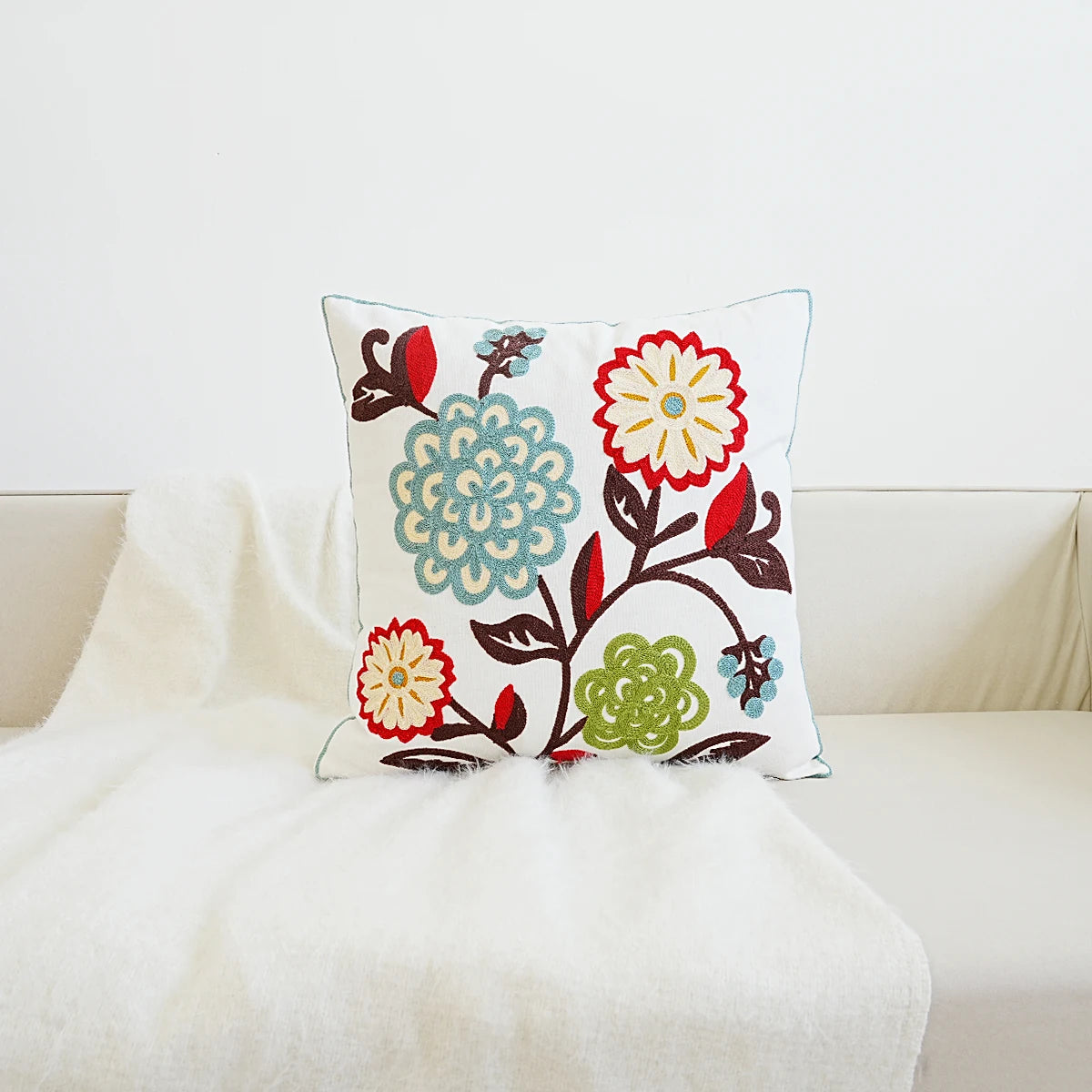 Blue Red and Green Flowers Embroidery on Boho Home Decor Floral Embroidered Pillow Cover – Square Decorative Cushion Case for Sofa & Home