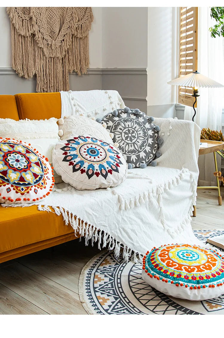 Boho Mandala Round Cushion Cover – Moroccan-Inspired Embroidered Throw Pillow Case for Boho Home Decor