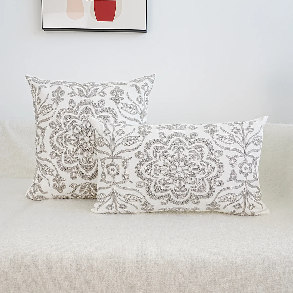 Gray Mandala Floral Embroidered Pillow Cover – Geometric Boho Home Decor Accent