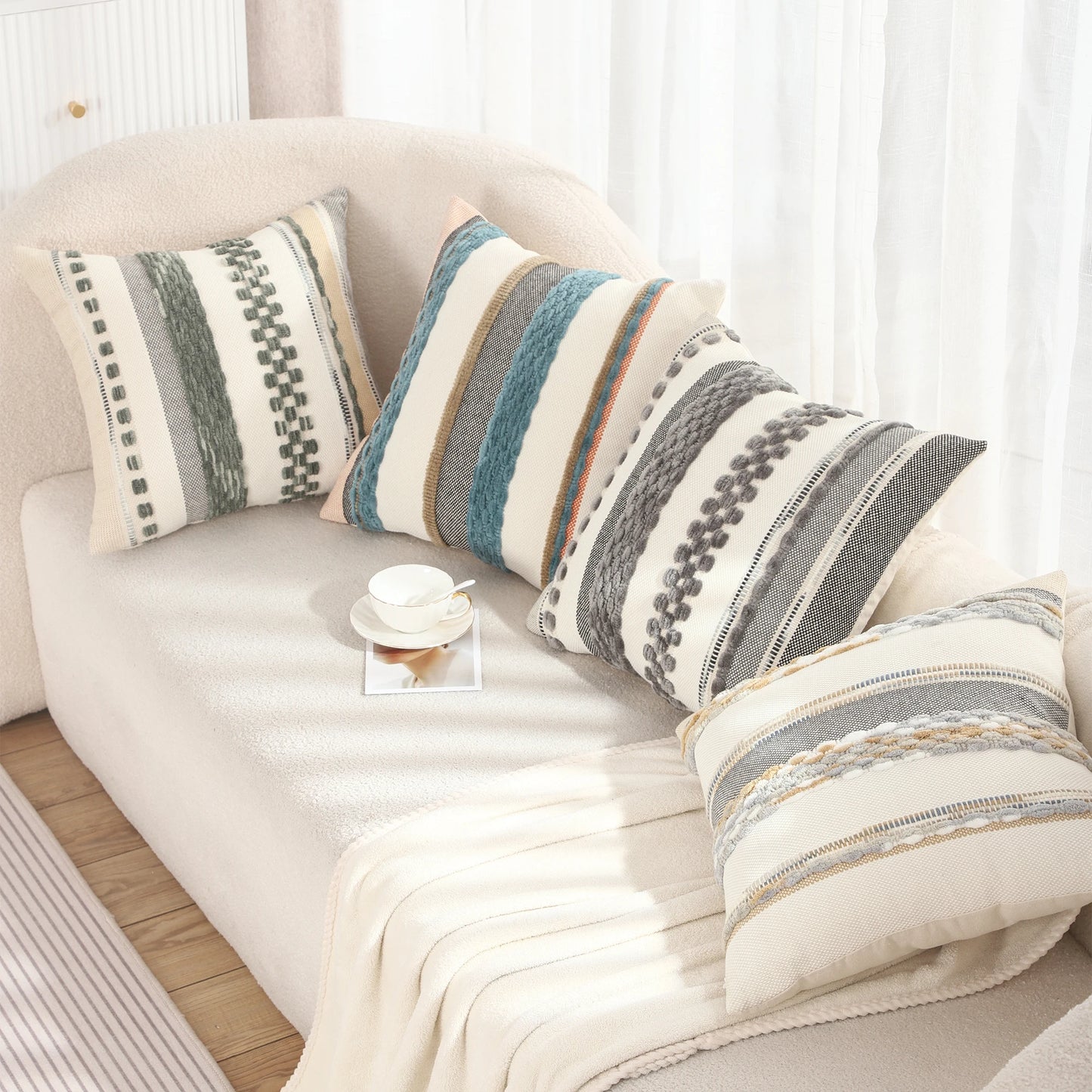 Boho Striped Chenille Throw Pillow Cover – Decorative Square Cushion for Cozy Home Accents