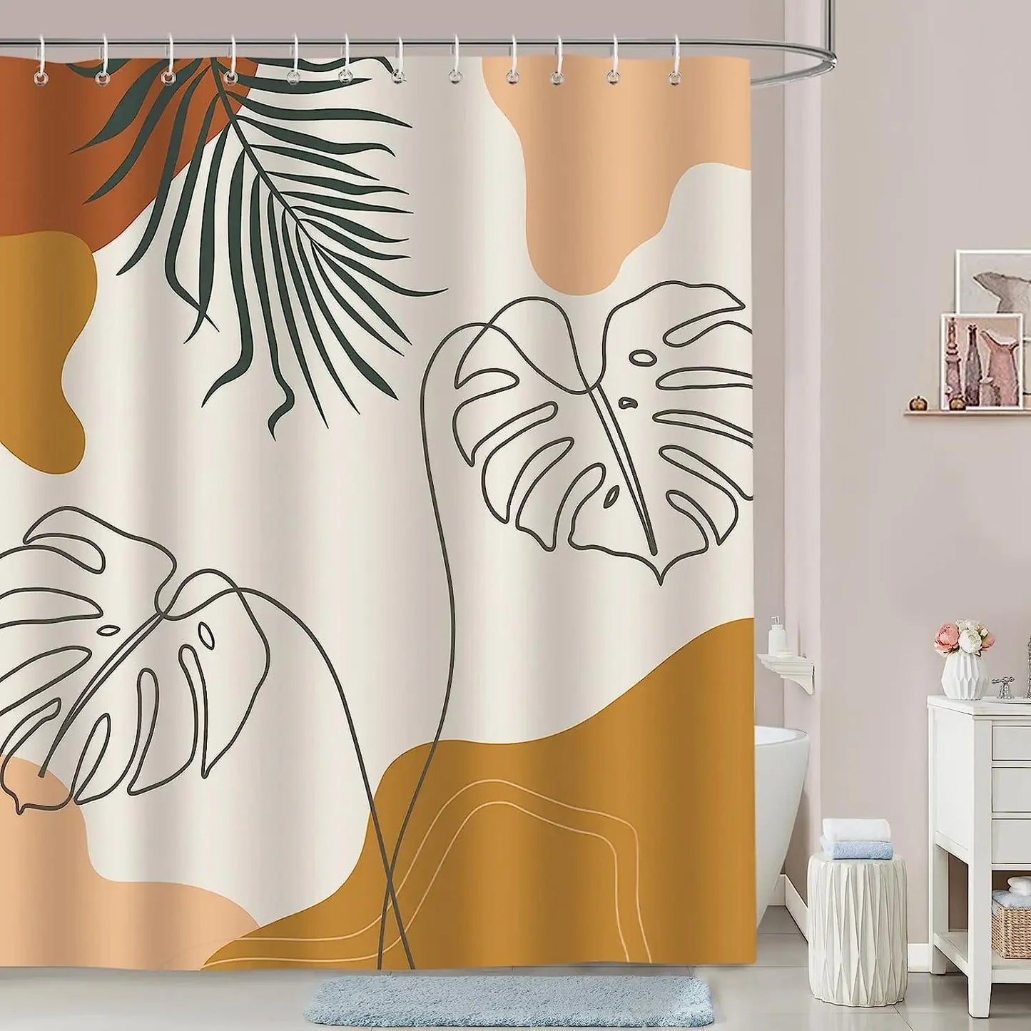 Abstract Bohemian Shower Curtain Arch Sun Moon Phases Boho Leaf Modern Minimalist aesthetic line geometric decorative Bathroom Home Decor Cat Leaves Mountains Outdoors
