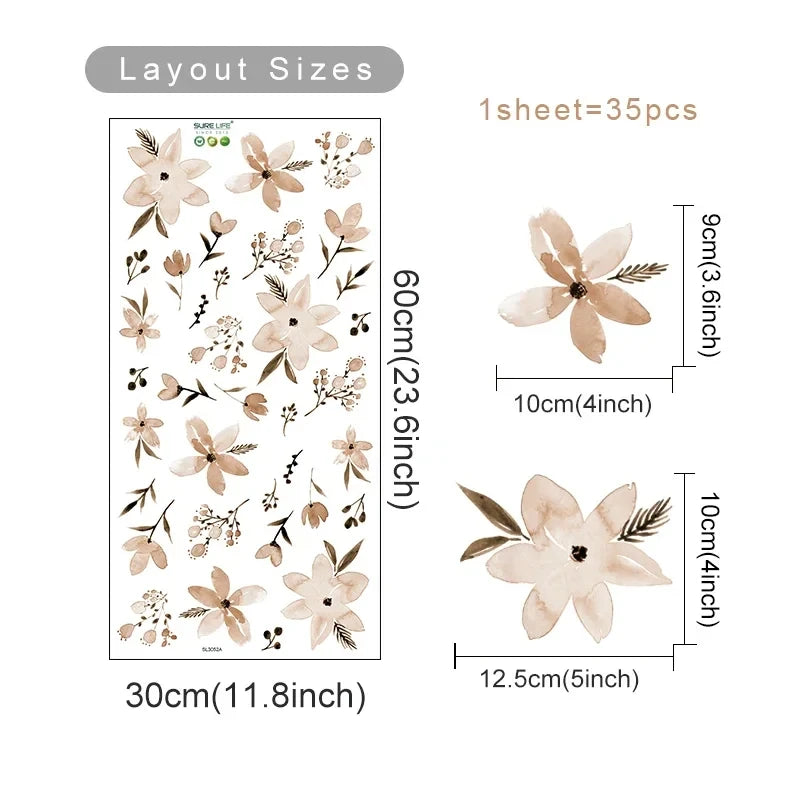 Boho Floral Leaf Wall Stickers – Removable 3D Vinyl Decals for Kids' Nursery & Home Decor - Neutral Flowers