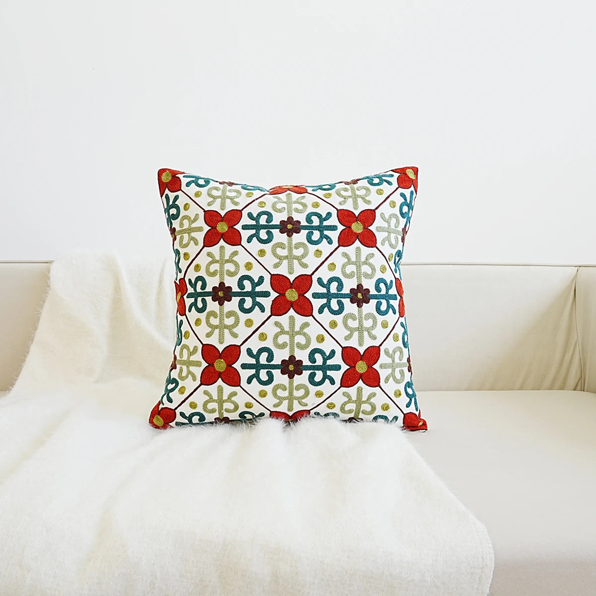 Red Geometric Design Embroidery Boho Home Decor Floral Embroidered Pillow Cover – Square Decorative Cushion Case for Sofa & Home