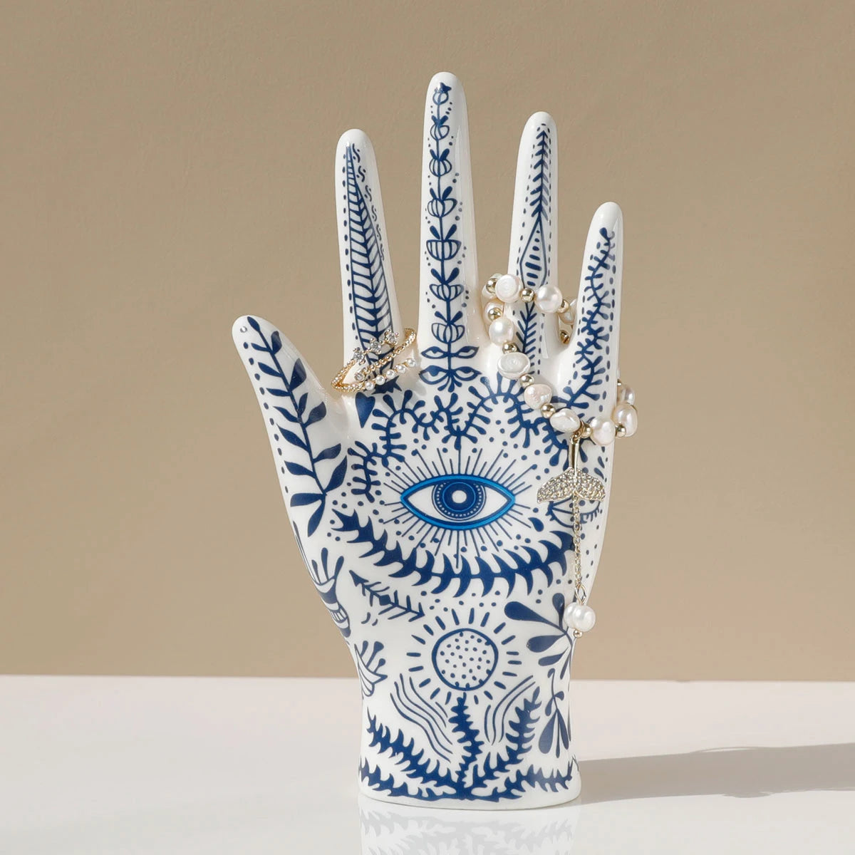 Ceramic Evil Eye Hand Jewelry Holder – Boho Display Stand for Rings, Bracelets & Necklaces