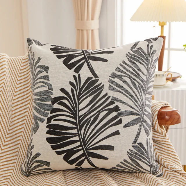 Gray Bay Leaf Cushion Cover – Square Decorative Throw Pillow Case for Boho Home Decor