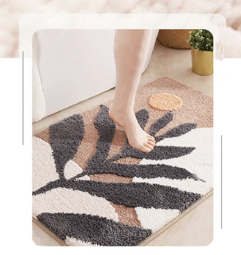 Boho Plant Art Non-Slip Bath Mat – Soft & Absorbent Bathroom Rug with Abstract Leaves