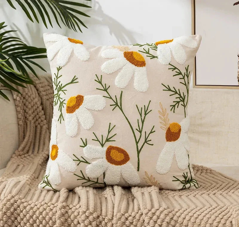 Canvas Floral Embroidered Cushion Cover Cotton Countryside Pillow Case for Living Room Luxury Home Decor Boho Flowers