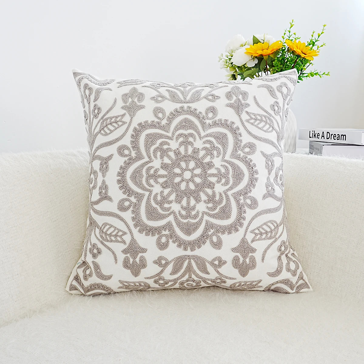 Gray Mandala Floral Embroidered Pillow Cover – Geometric Boho Home Decor Accent