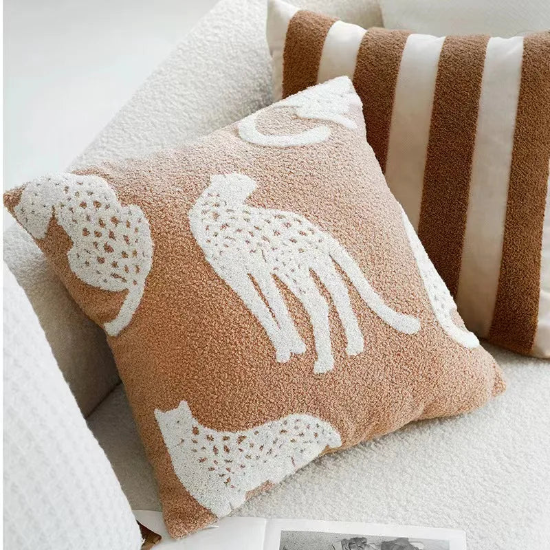 My Boho Home Nordic Embroidered Animal Pillow Cover – Modern Boho Plush Cushion for Couch, Bed or Nursery Cheetah