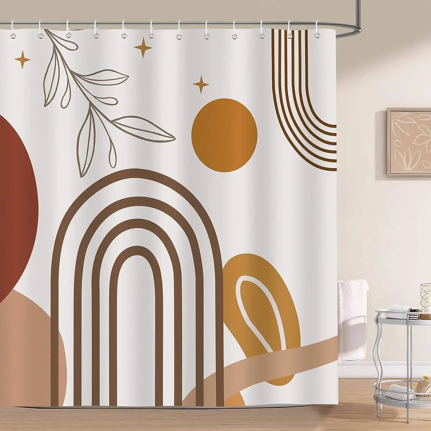 Abstract Bohemian Shower Curtain Arch Sun Moon Phases Boho Leaf Modern Minimalist aesthetic line geometric decorative Bathroom Home Decor Cat Leaves Mountains Outdoors