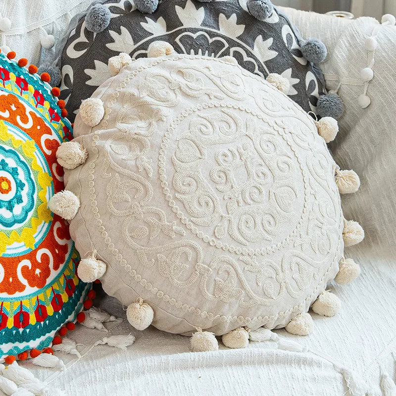 Boho Mandala Round Cushion Cover – Moroccan-Inspired Embroidered Throw Pillow Case for Boho Home Decor